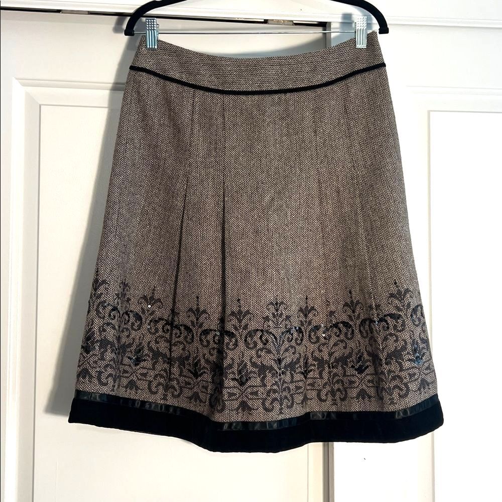 Loft sz. 6 Wool Blend Herringbone & Sequin Full Skirt Velvet & Satin Ribbon Trim
